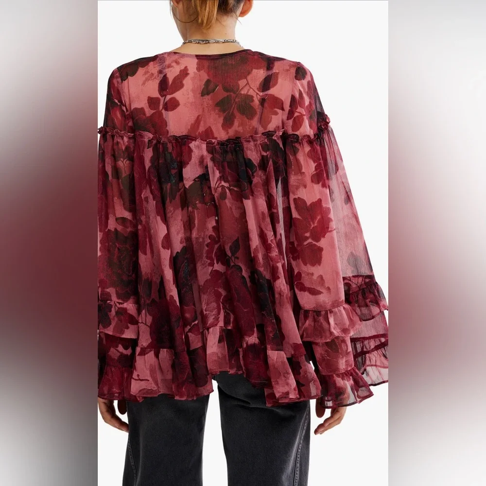 Free People Floral Sheer Blouse in Red and Black - Picture 2 of 3